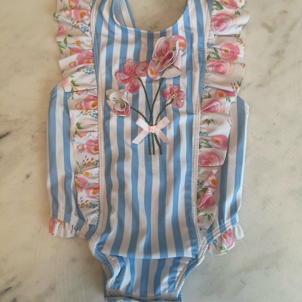 Mud Pie Floral Striped Baby Bathing Suit. 6-9 Months